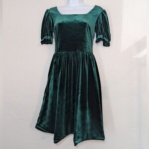 Emerald Green Velvet Mini Dress Puff Sleeve Whimsigoth Fairy Grunge Dark Romance